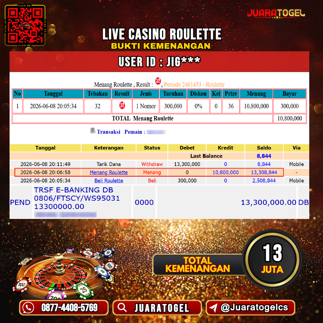 JUARATOGEL JACKPOT LIVE CASINO ROULETTE Rp 13.000.000,- LUNAS USER ID : JIG***