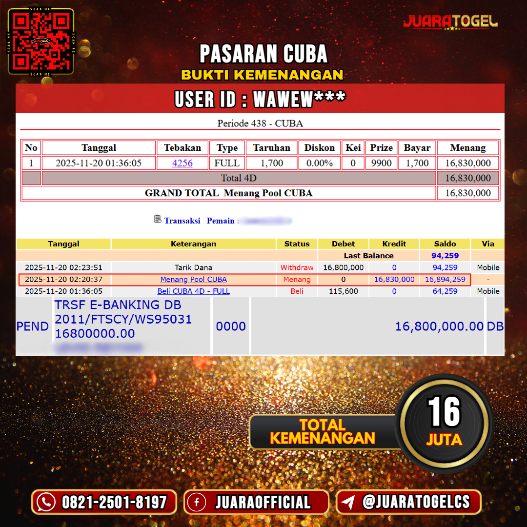  JUARATOGEL JACKPOT TOGEL PASARAN CUBA Rp 16.000.000,- LUNAS USER ID: WAWEW***