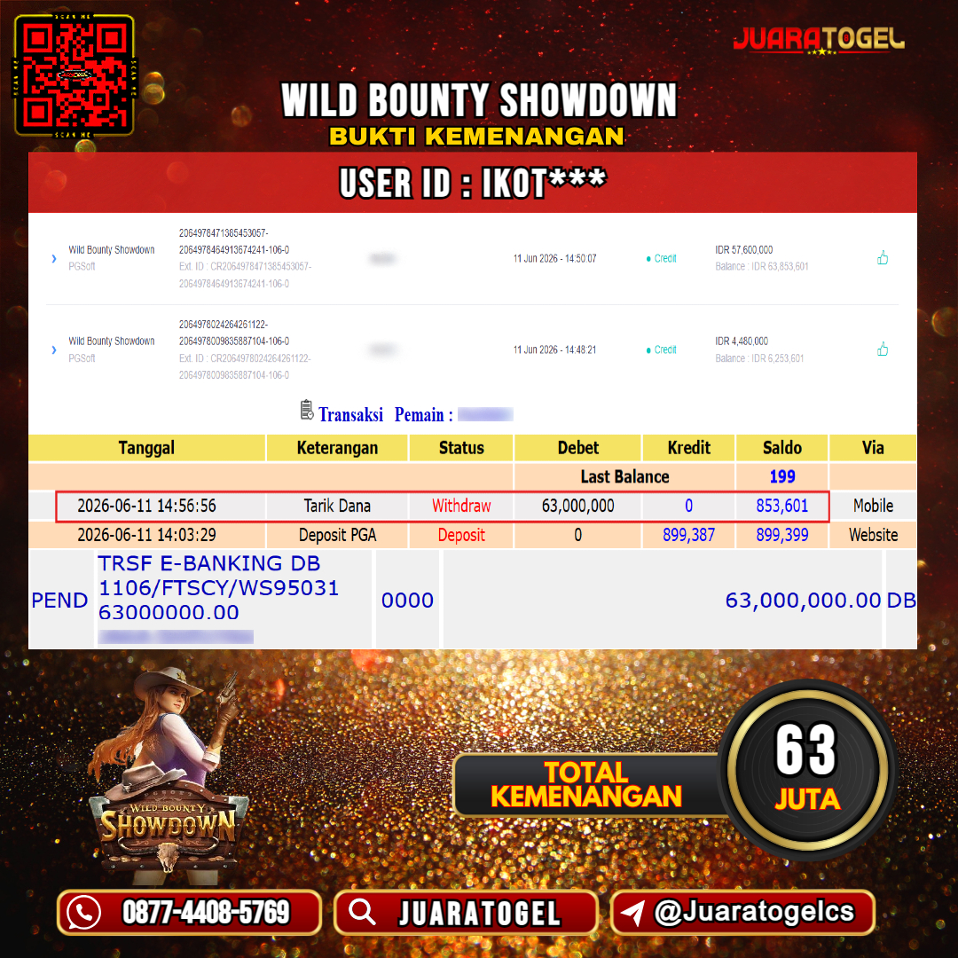   JUARATOGEL JACKPOT SLOT WILD BOUNTY SHOWDOWN Rp 63.000.000,- LUNAS USER ID : IKOT***