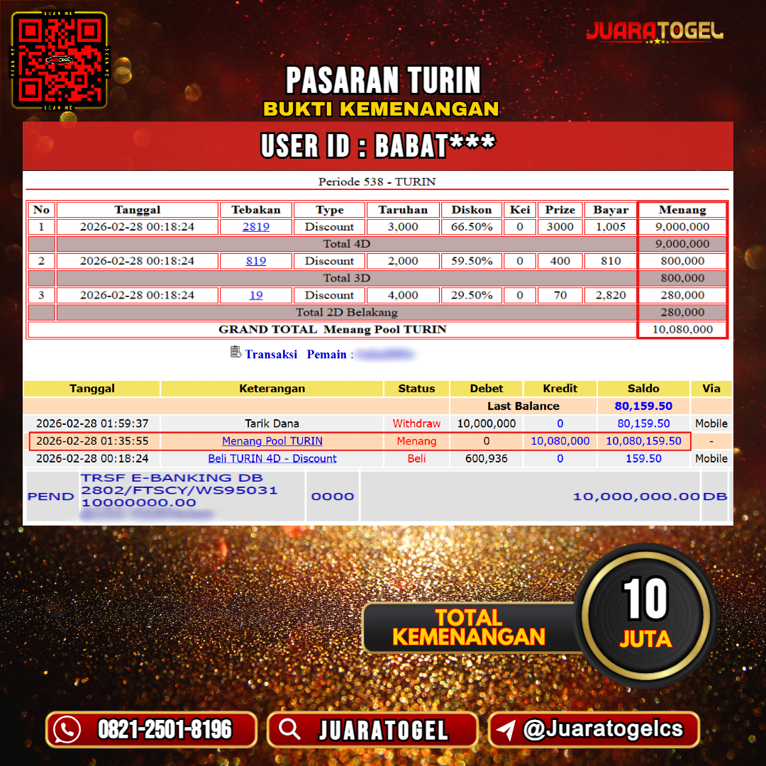  JUARATOGEL JACKPOT TOGEL PASARAN TURIN Rp 10.000.000,- LUNAS USER ID: BABAT***