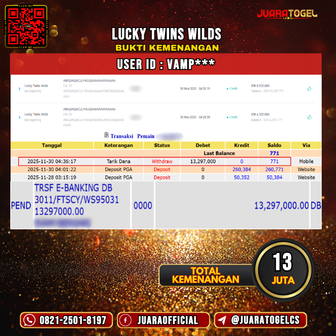  JUARATOGEL JACKPOT SLOT LUCKY TWINS WILDS Rp 13.000.000,- LUNAS USER ID: VAMP***