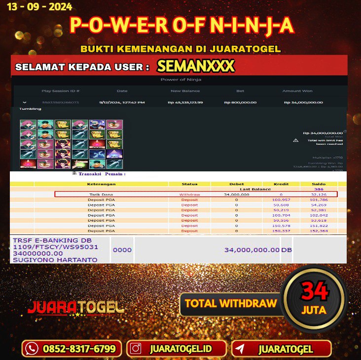  JUARATOGEL JACKPOT SLOT POWER OF NINJA  Rp.34.000.000,- LUNAS