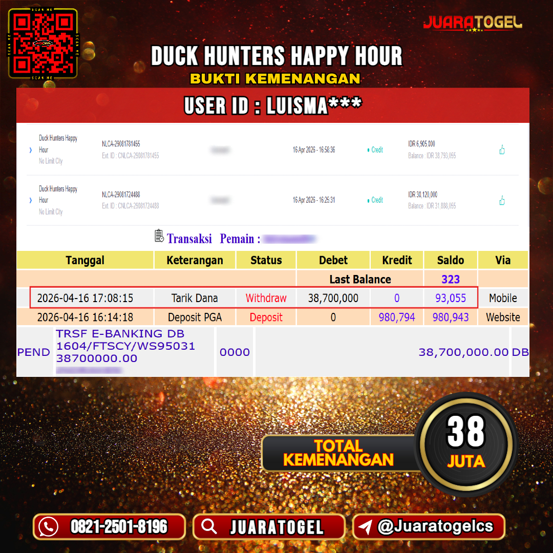 JUARATOGEL JACKPOT SLOT DUCK HUNTERS HAPPY HOUR Rp 38.000.000,- LUNAS USER ID: LUISMAN*** 