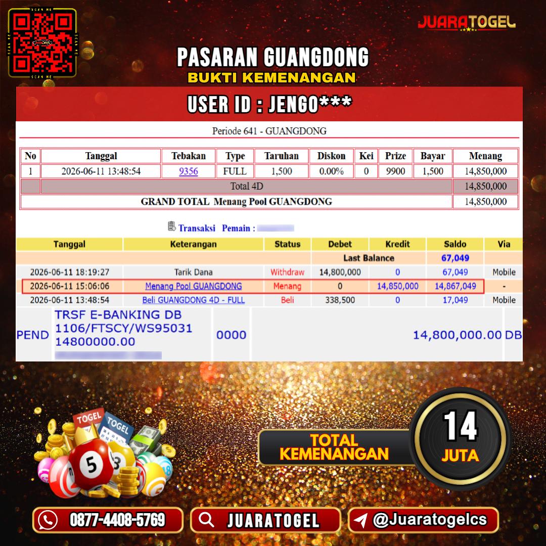   JUARATOGEL JACKPOT TOGEL PASARAN GUANGDONG Rp 14.000.000,- LUNAS USER ID : JENGO***