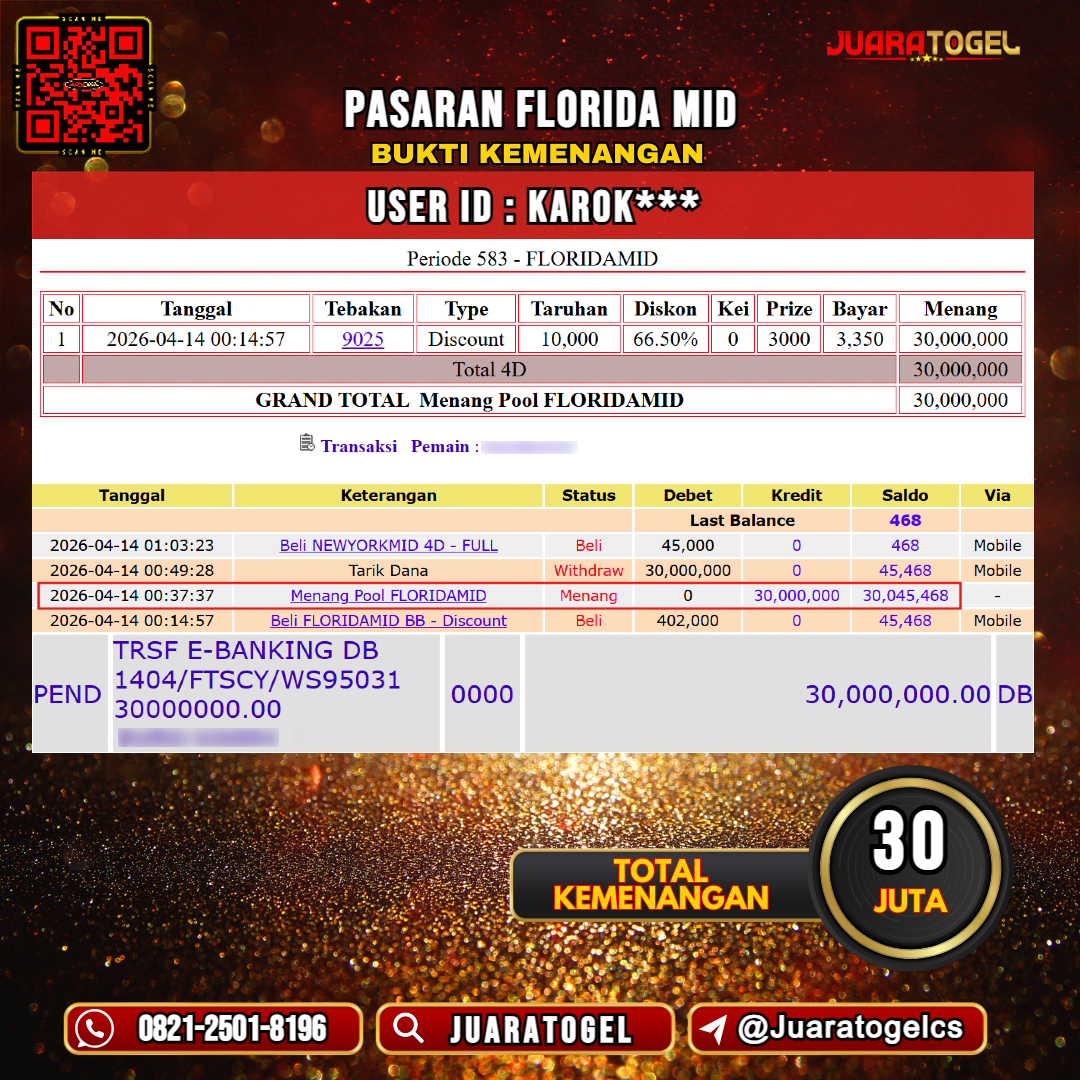 JUARATOGEL JACKPOT TOGEL PASARAN FLORIDA MID Rp 30.000.000,- LUNAS USER ID: KAROK*** 