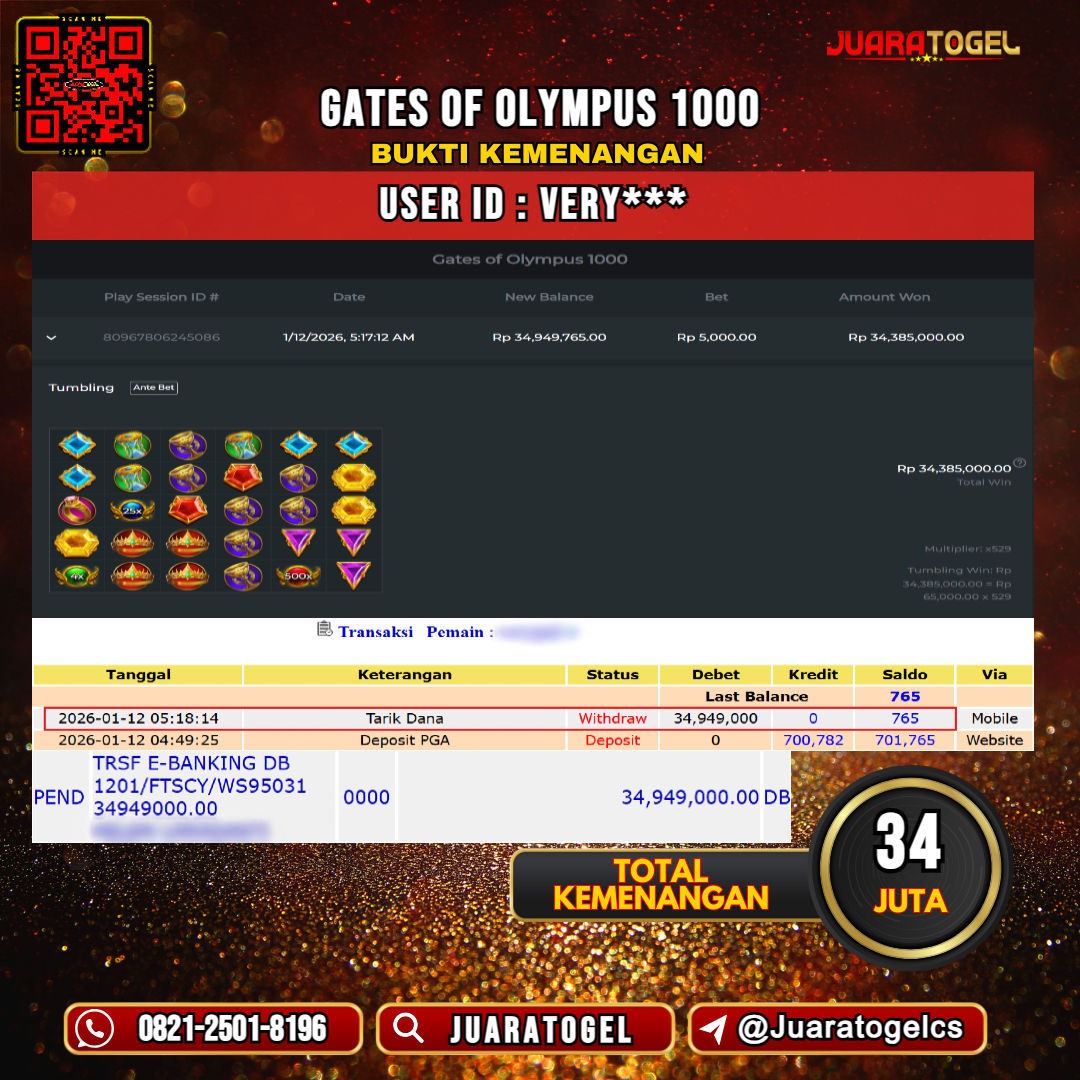    JUARATOGEL JACKPOT SLOT GATES OF OLYMPUS 1000 Rp 34.000.000,- LUNAS USER ID: VERY***