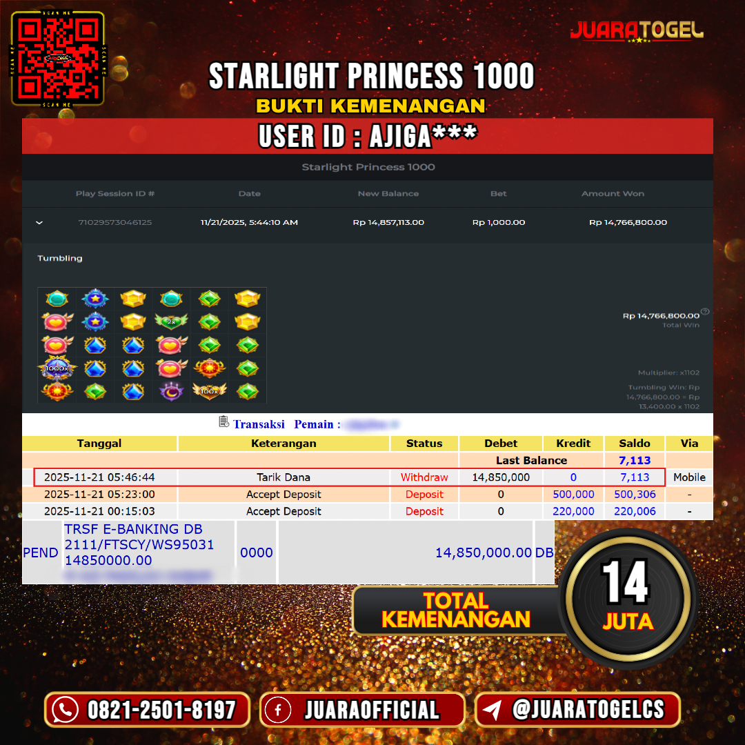   JUARATOGEL JACKPOT SLOT STARLIGHT PRINCESS 1000 Rp 14.000.000,- LUNAS USER ID: AJIGA***