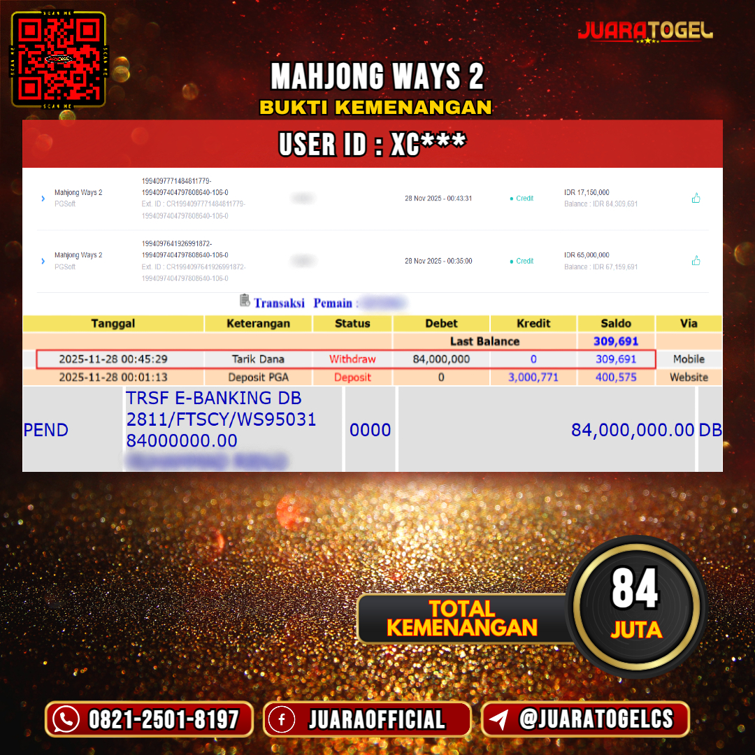  JUARATOGEL JACKPOT SLOT MAHJONG WAYS 2 Rp 84.000.000,- LUNAS USER ID: XC***