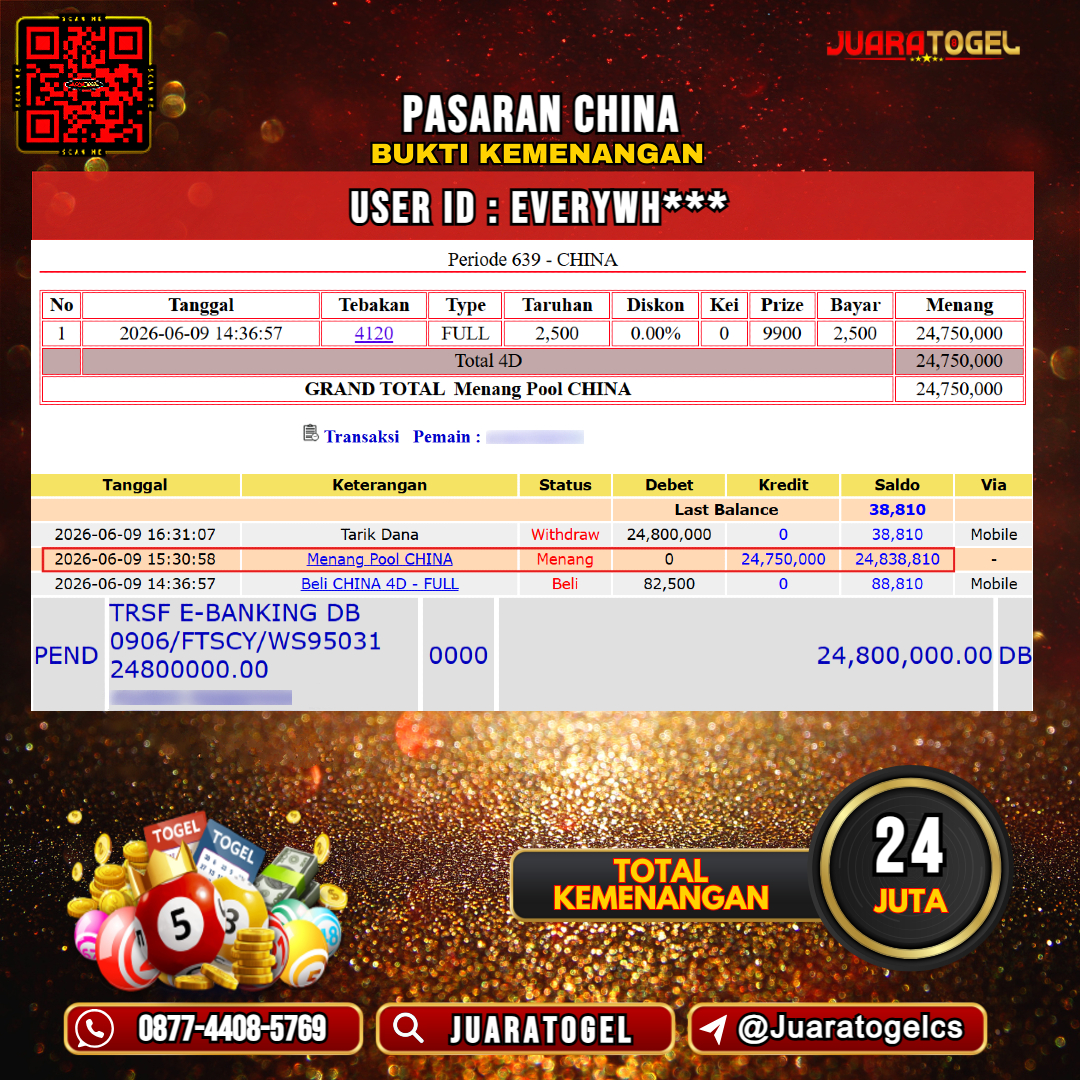   JUARATOGEL JACKPOT TOGEL PASARAN CHINA Rp 24.000.000,- LUNAS USER ID : EVERYWH***