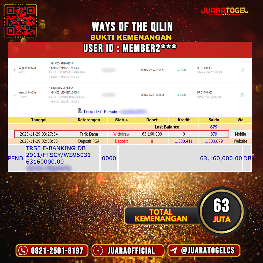  JUARATOGEL JACKPOT SLOT WAYS OF THE QILIN Rp 63.000.000,- LUNAS USER ID: MEMBER2***